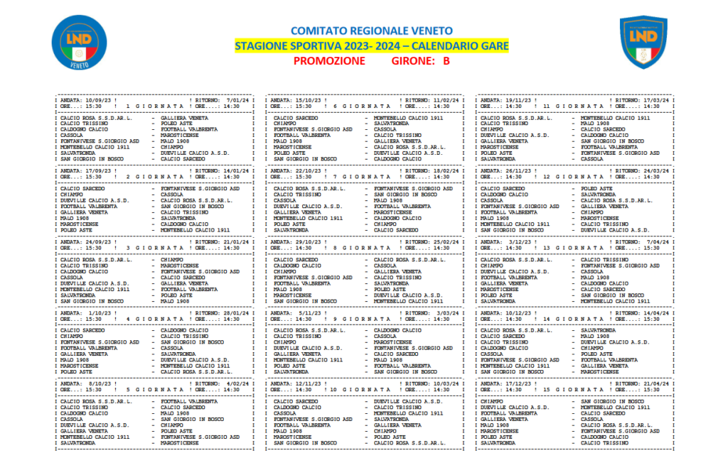 Il Calendario del Campionato di Promozione 2023/2024 - girone B