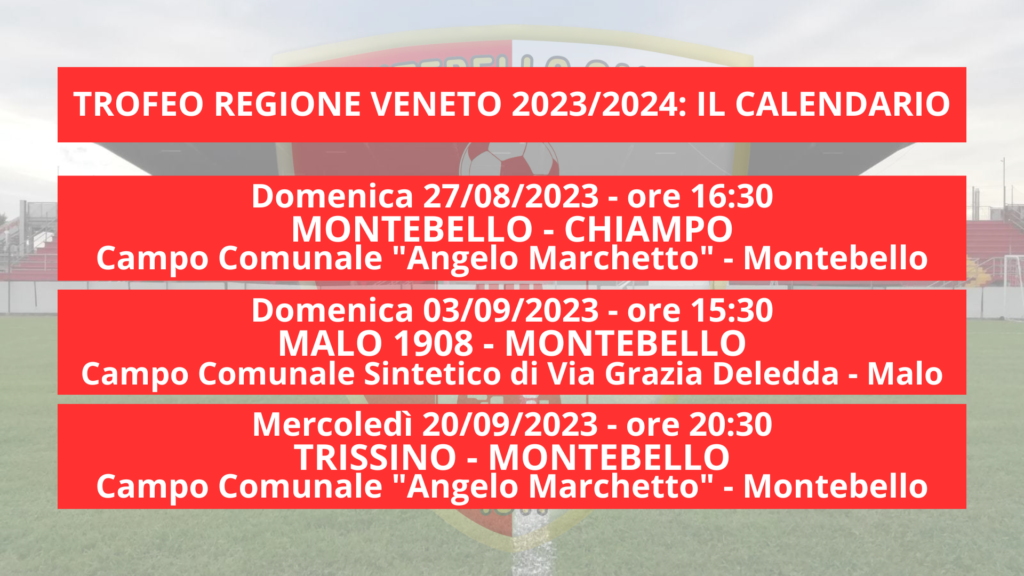 Il calendario del Montebello nel Trofeo Regione Veneto 2023/2024