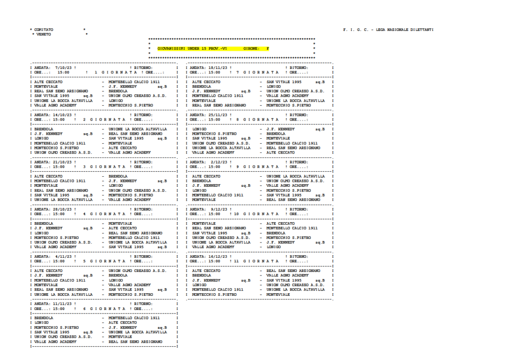 Il Calendario dei Giovanissimi Provinciali - giorne F